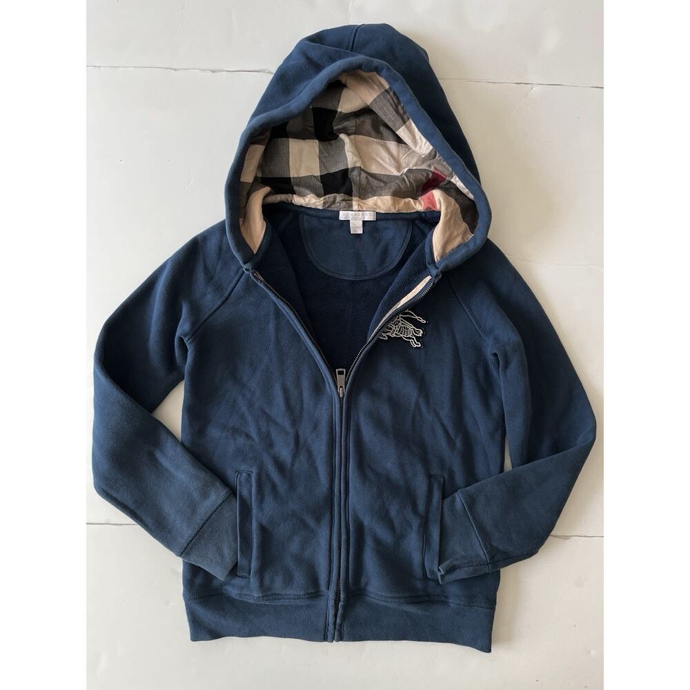 Burberry Zip Up Hoodie Kids 12Y Navy Blue Patched Logo Check Hood Cotton Blend
